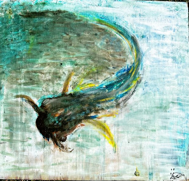Eloherfish, Acrylic & seawater on wood