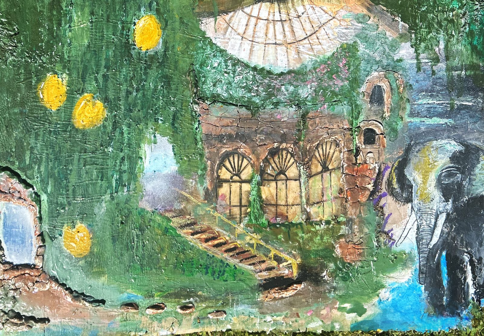 Portal To Heaven, a green overgrown ruin with golden arched windows, painted on wood